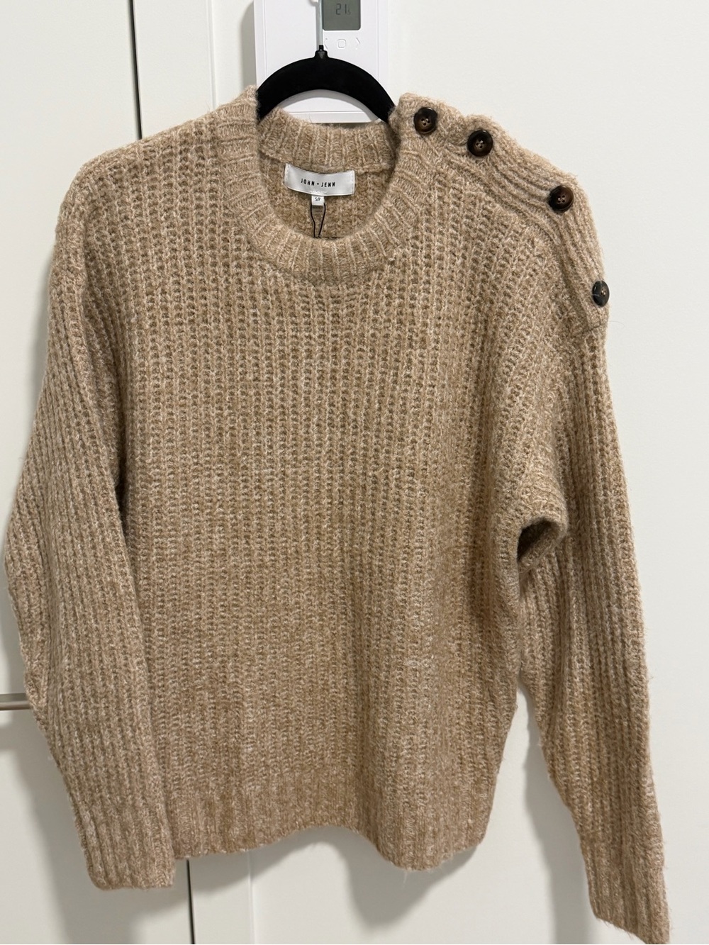 John + Jenn Tan Ribbed Crew Sweater with Shoulder Buttons